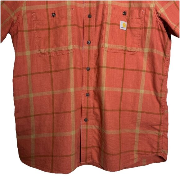 Carhartt Large Relaxed Rugged Flex Button Up Shirt Mens Orange Plaid Workwear - Picture 5 of 14